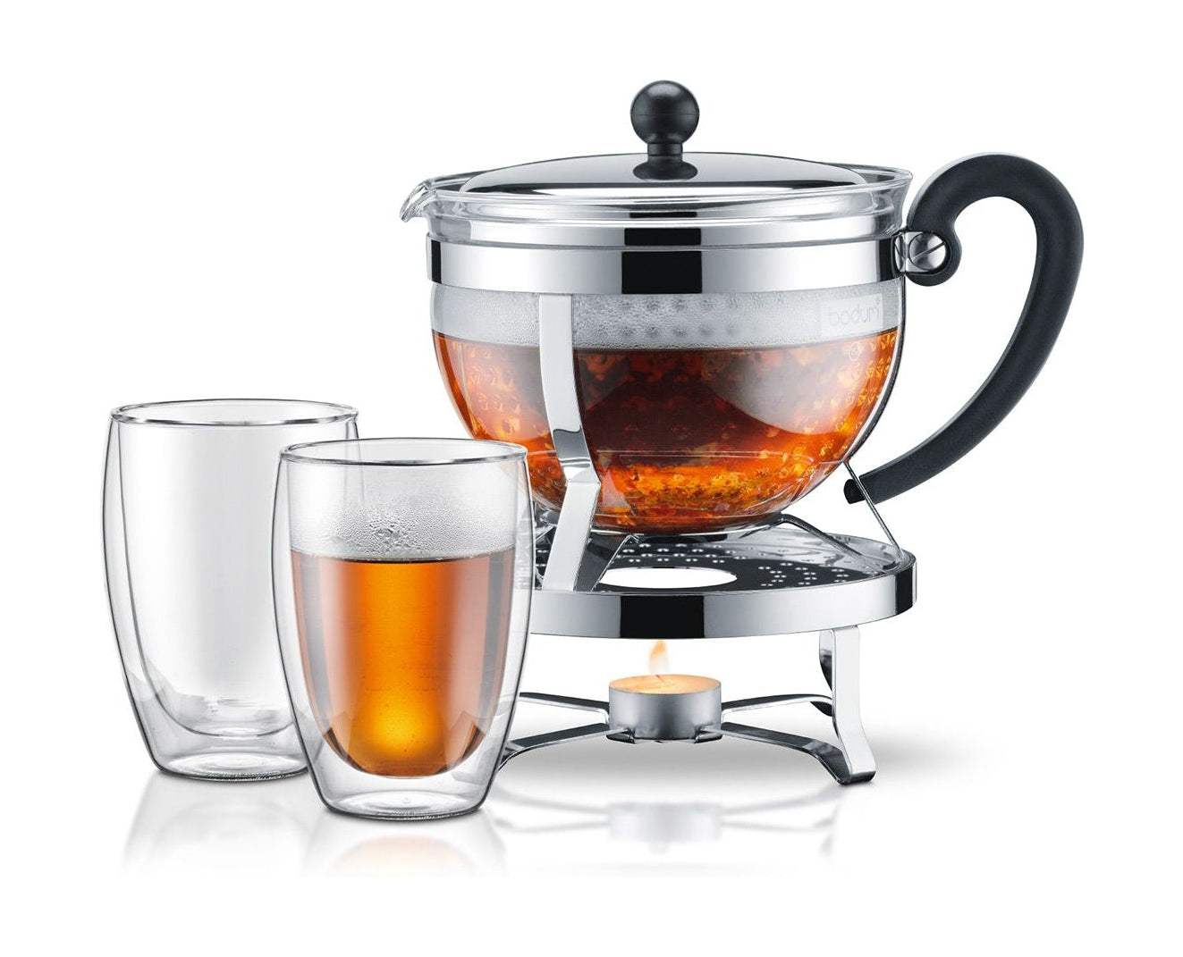 Bodum Chambord Set Tea Maker With Plastic Filter With Rechaud And 2 Double Walled Jars Chrome, 2 Pcs.
